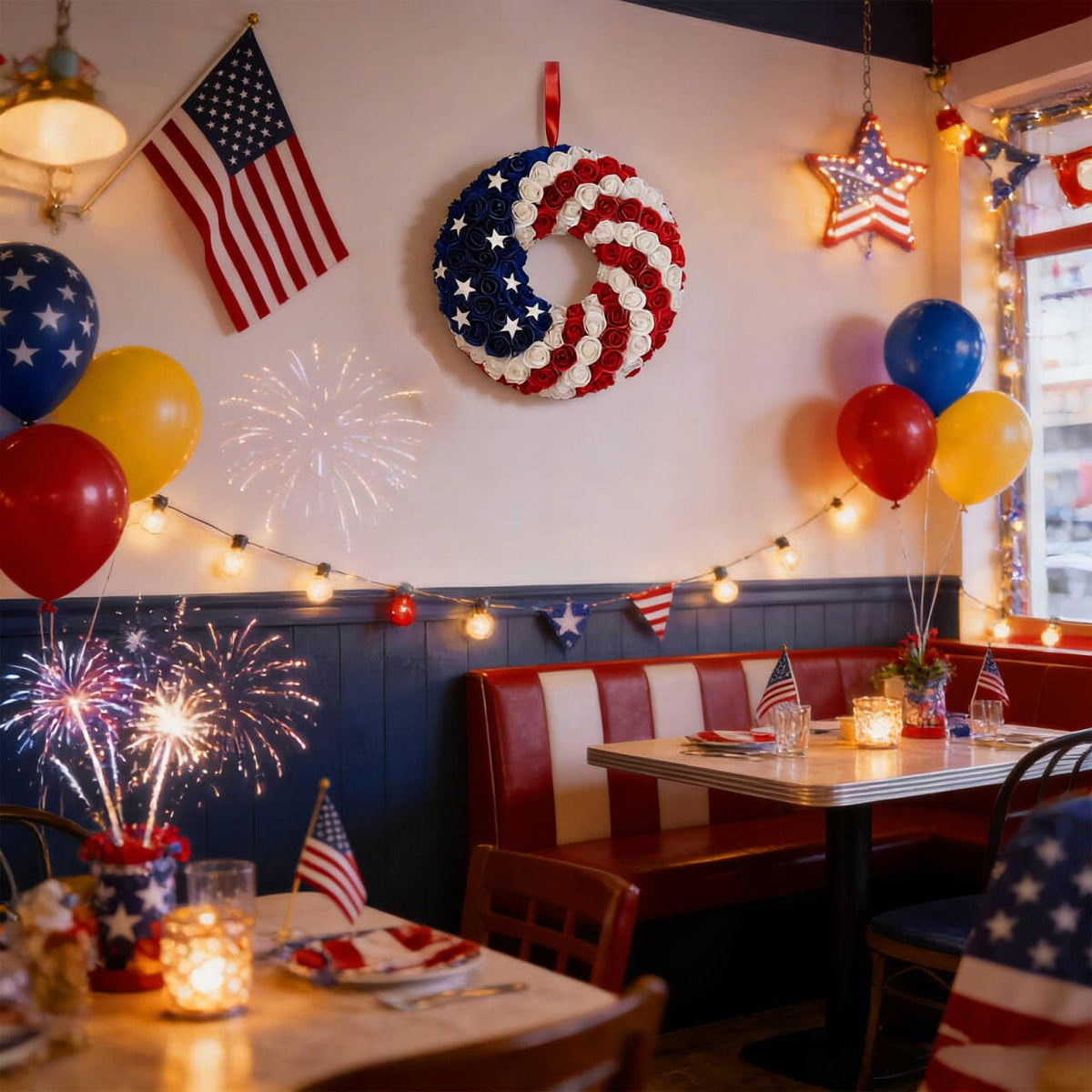 Idyllic Fourth of July decor wreath suitable for porch decorations.