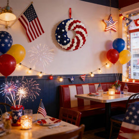 Idyllic Fourth of July decor wreath suitable for porch decorations.