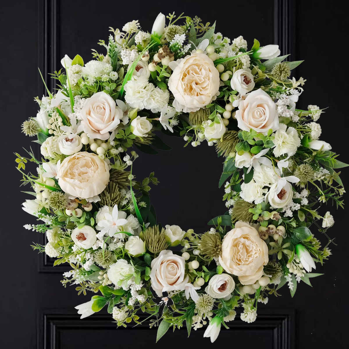 idyllic front door wreath 22-inch white peony and rose enhances curb appeal and seasonal charm.