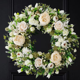 idyllic front door wreath 22-inch white peony and rose enhances curb appeal and seasonal charm.