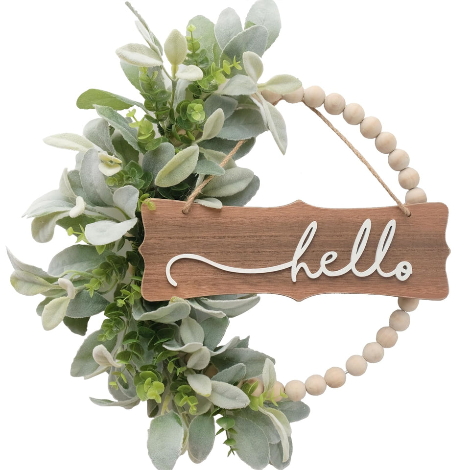 Idyllic green wreath with wood beads on the front door for a welcoming entry.