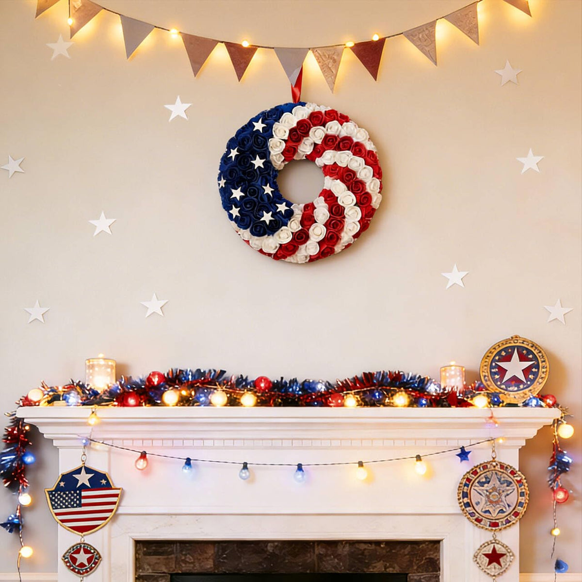 Idyllic home decor wreath with roses and stars, elevating curb appeal.