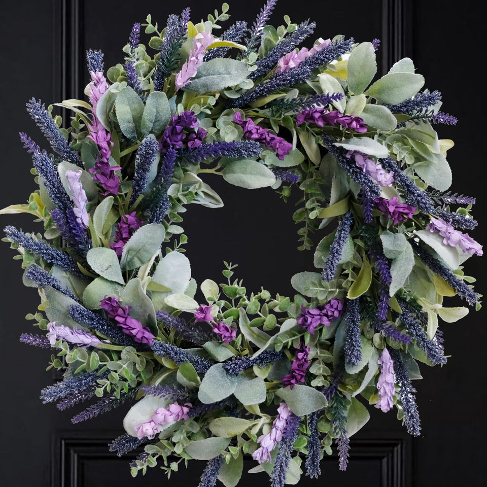 Idyllic Lavender Wreath on front door showing realistic color and seasonal charm.