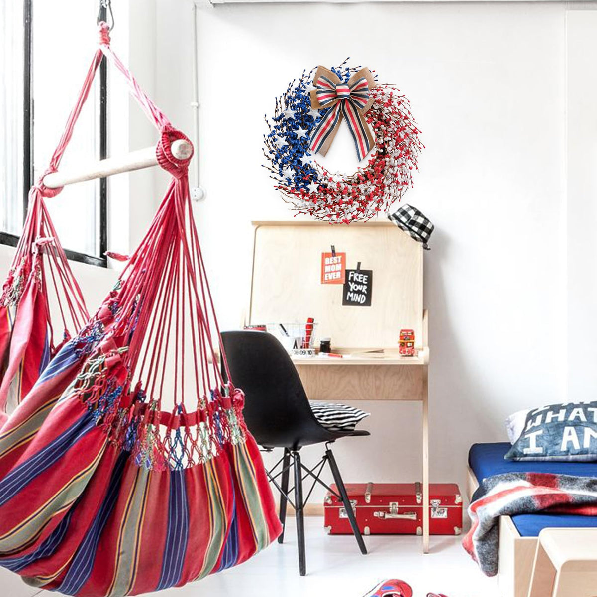 Idyllic Memorial Day flag elements wreath complements seasonal decoration and patriotic spirit.
