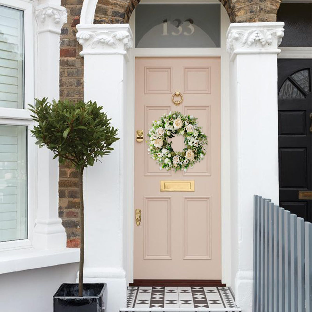 idyllic outdoor entryway wreath 22-inch white peony and rose withstands weather with timeless charm.