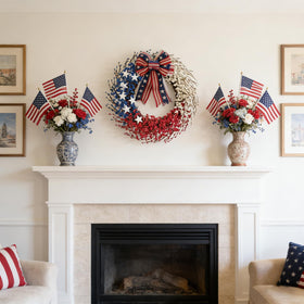 Idyllic outdoor wreath image showcases weather-resistant PE material for long-lasting color outdoors