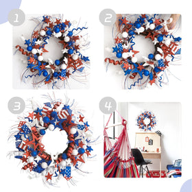 Idyllic patriotic door wreath designed for indoor use or covered outdoor spaces.