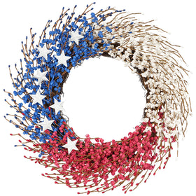 Idyllic patriotic wreath close-up shows red white blue ribbons with star accents for authentic appeal