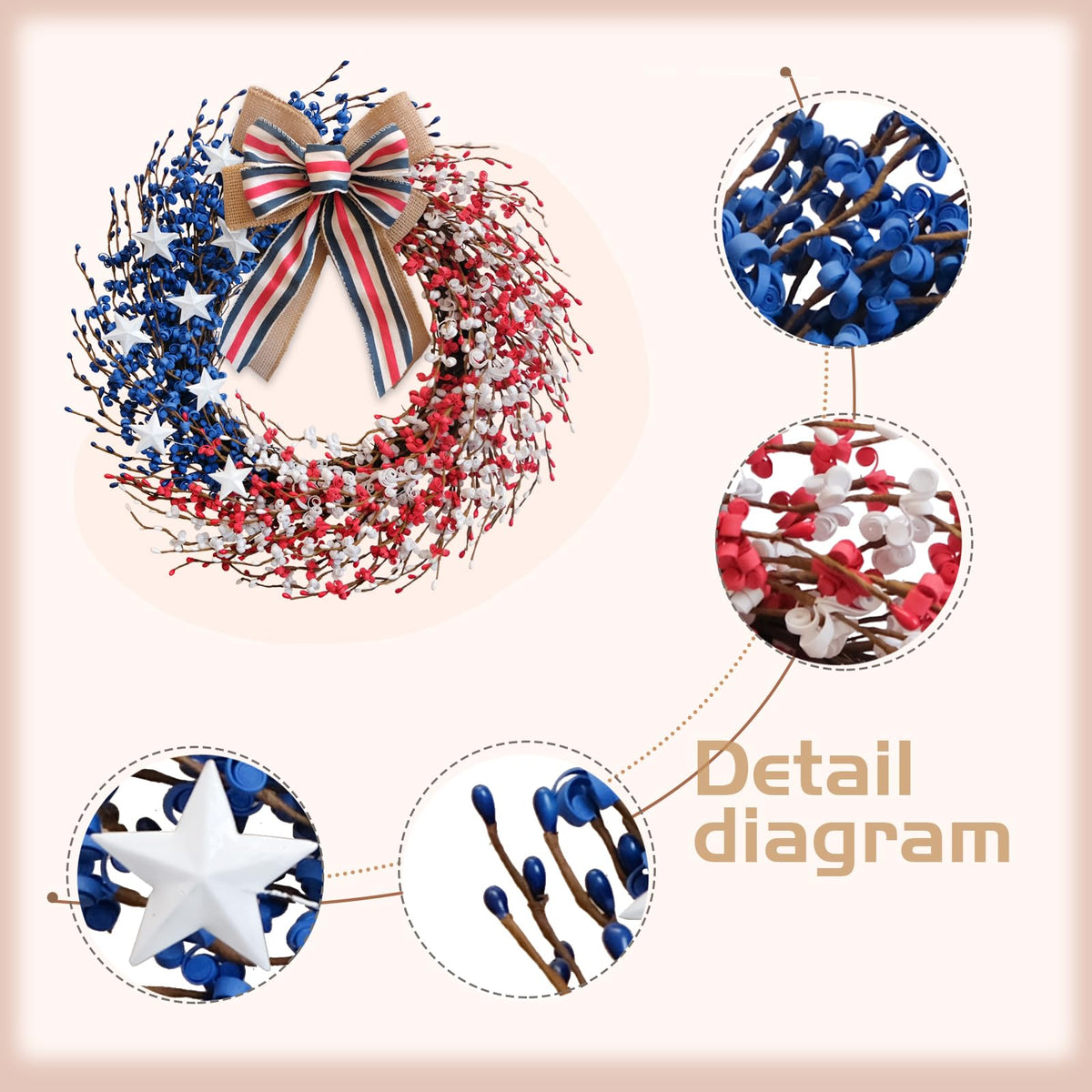 Idyllic patriotic wreath with red white blue stars enhances seasonal decor for Memorial Day or Independence Day.