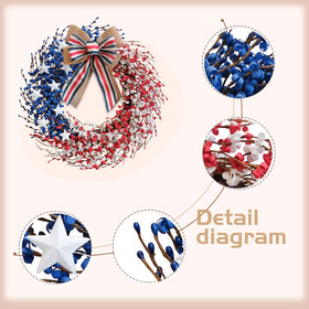 Idyllic patriotic wreath with red white blue stars enhances seasonal decor for Memorial Day or Independence Day.