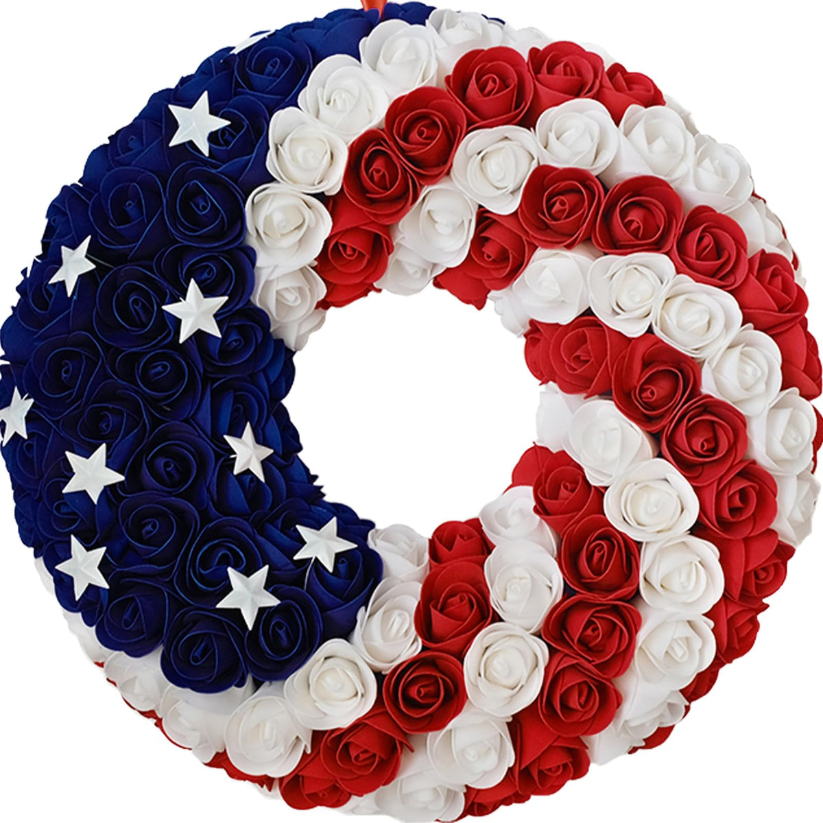 Idyllic patriotic wreath front door with PE roses and metal stars, welcoming guests.