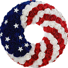 Idyllic patriotic wreath front door with PE roses and metal stars, welcoming guests.