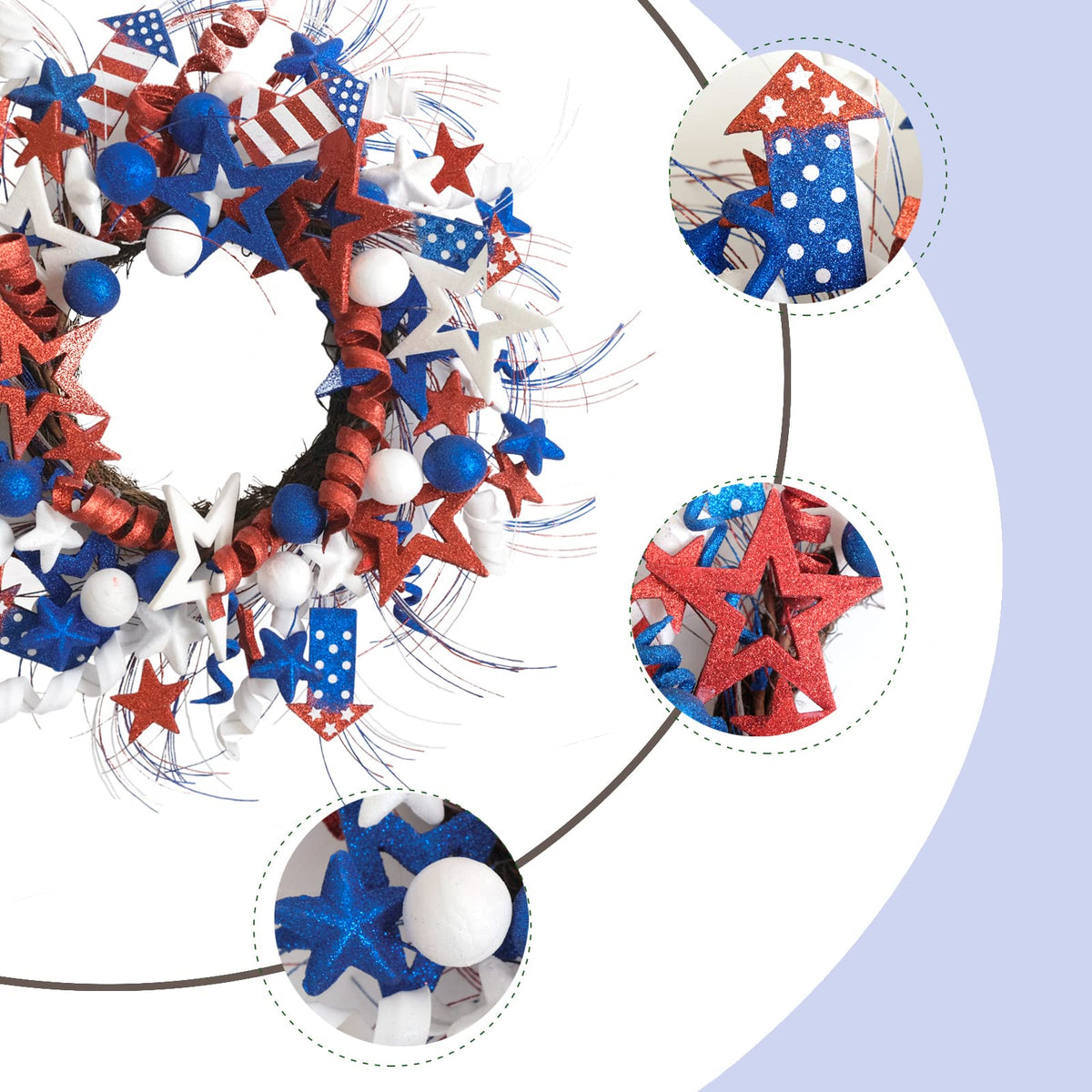Idyllic red white blue glitter stars wreath highlights bold holiday color for curb appeal.
