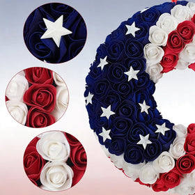 Idyllic rose wreath with metal star accents, ideal for Memorial Day displays.