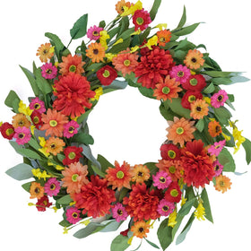 Idyllic 20 inch spring wreath on front door with daisies, welcoming entry.