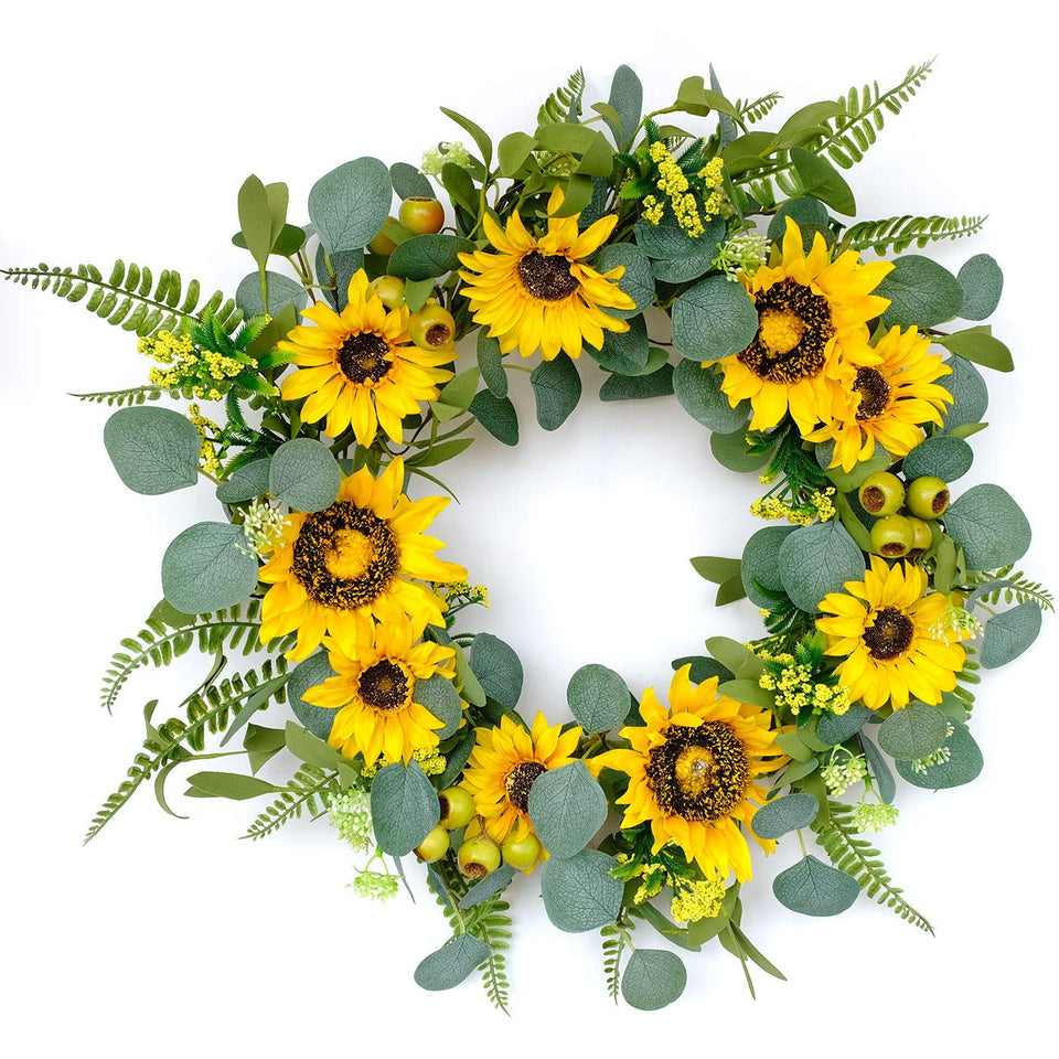 Idyllic 18-inch artificial sunflower wreath on a front door, adding cheerful curb appeal.