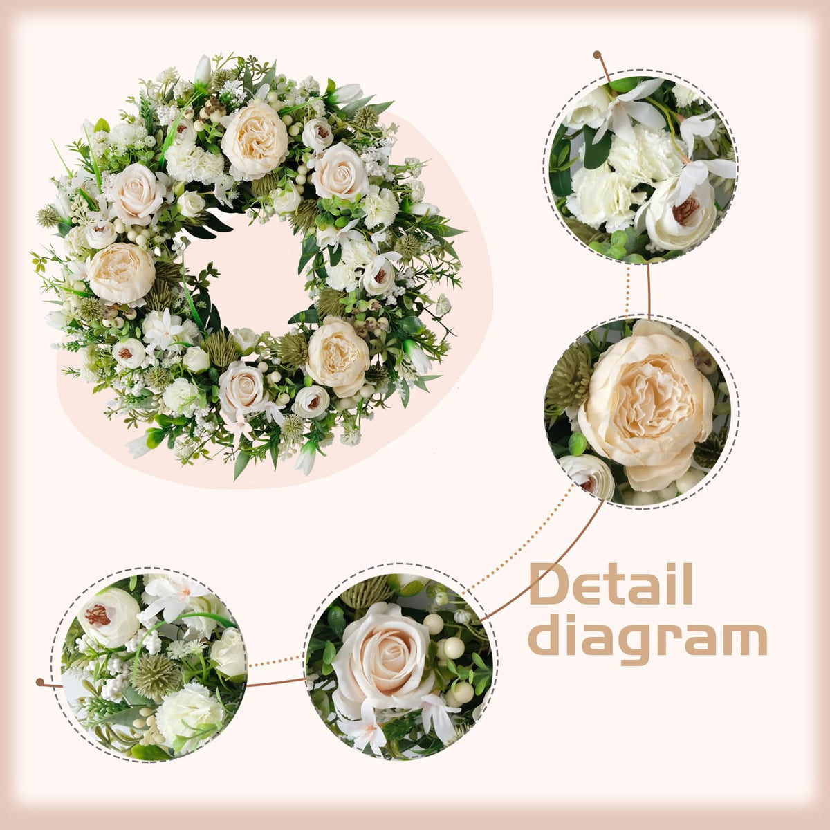 idyllic wall decor wreath 22-inch white peony and rose brightens interiors with low maintenance.