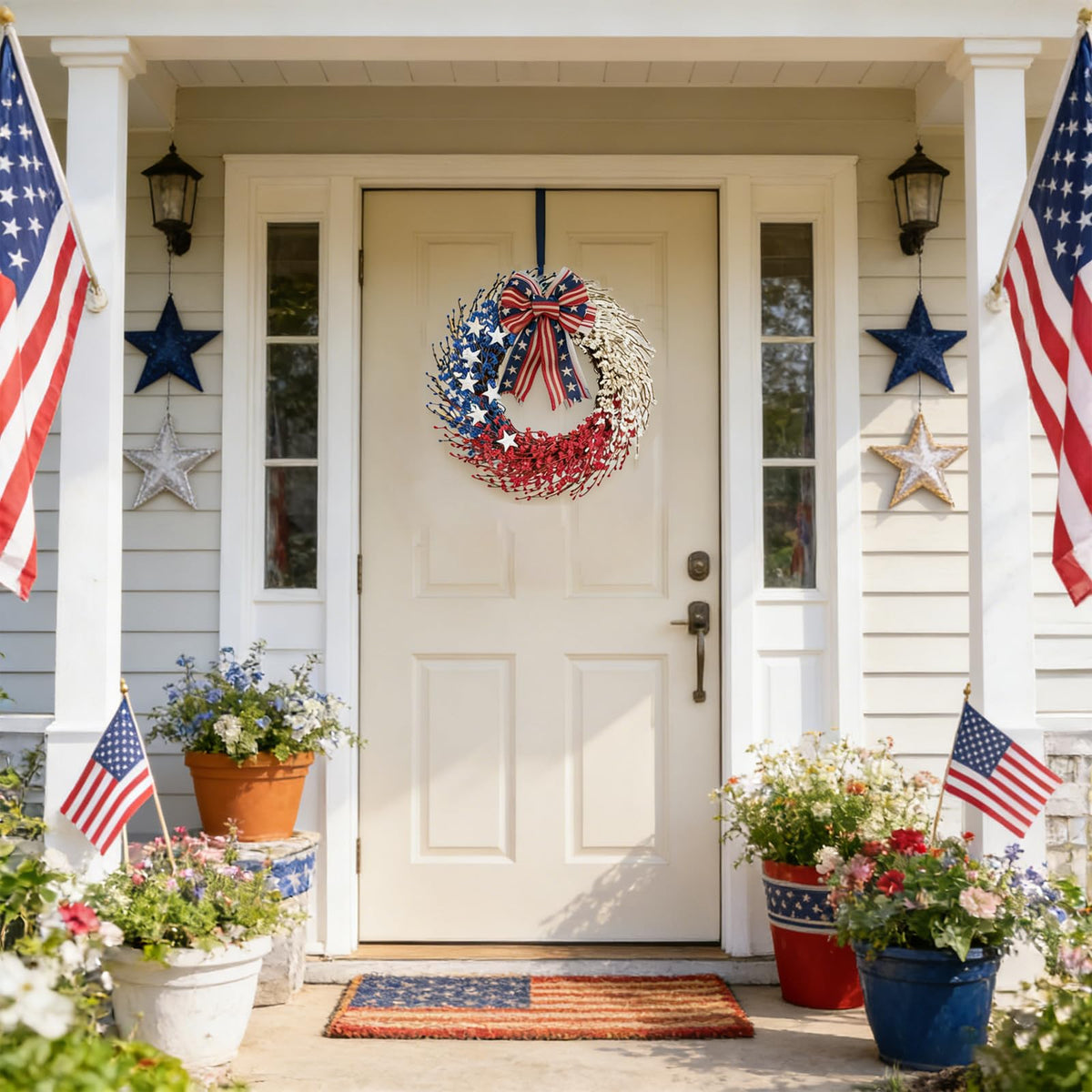 Idyllic wreath close-up demonstrates built-in hanging loop for easy, ready-to-hang display