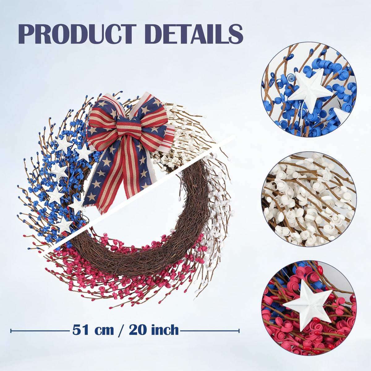 Idyllic wreath detail highlights white stars and durable outdoor styling for year-round display