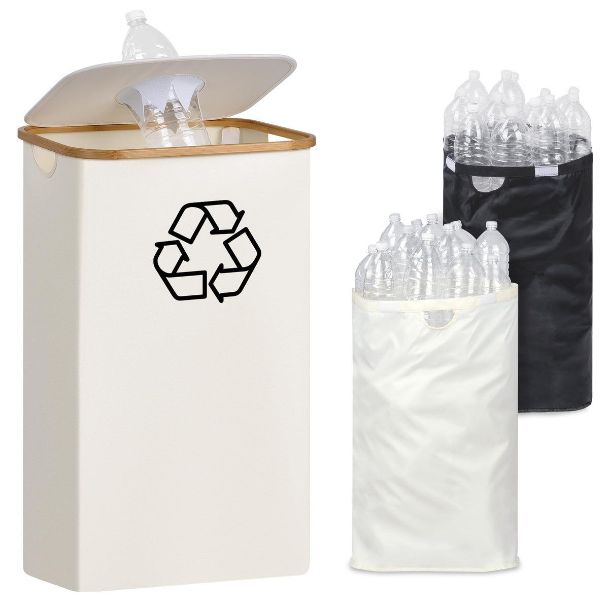 iEGrow 110L tall beige recycling bin with ample space for bottles and cans.