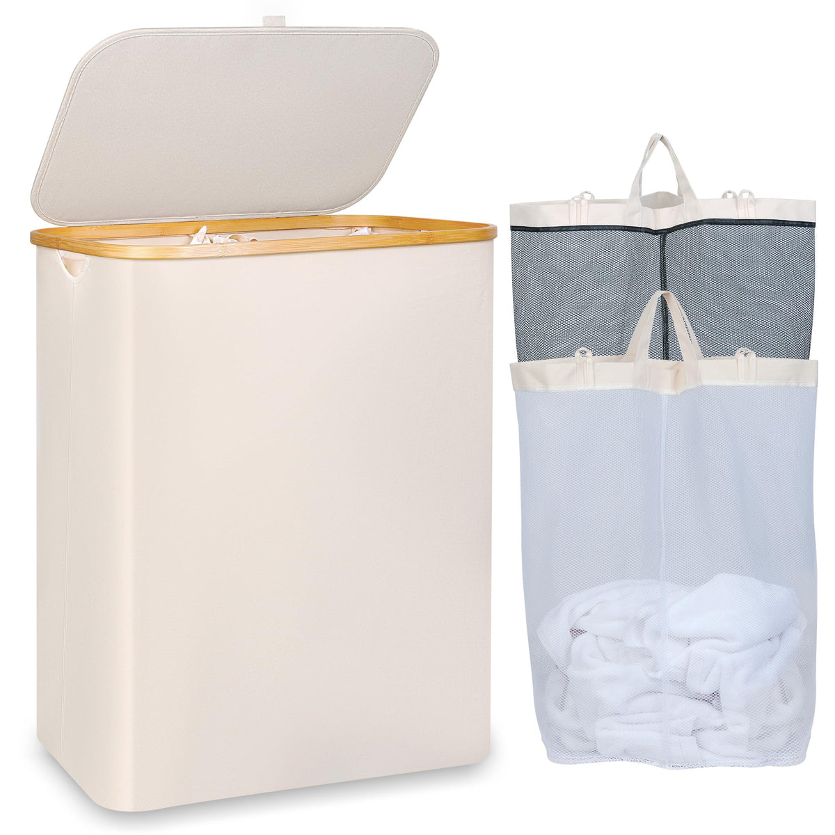 iEGrow 150L laundry basket with lid in beige, offering a large capacity for family laundry.