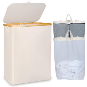 iEGrow 150L laundry basket with lid in beige, offering a large capacity for family laundry.
