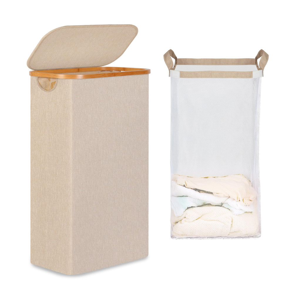 iEGrow slim 65L laundry hamper with bamboo handles, easy to move in tight spaces.