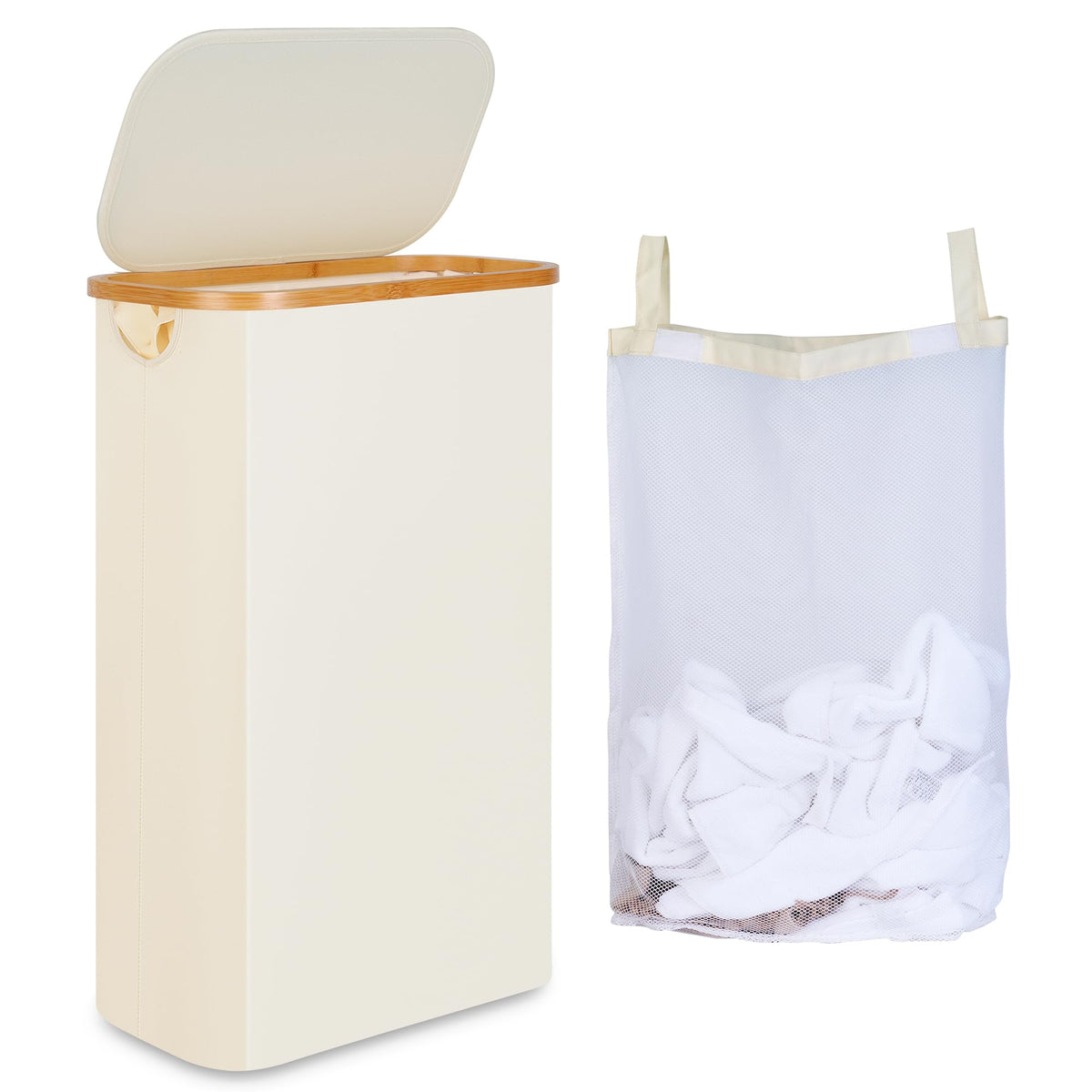 iEGrow 65L slim laundry hamper with beige lid, ideal for compact bedrooms