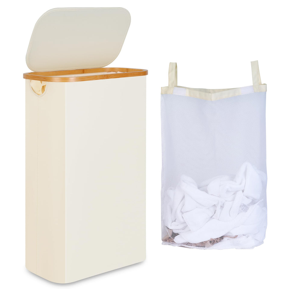 iEGrow 65L slim laundry hamper with beige lid, ideal for compact bedrooms