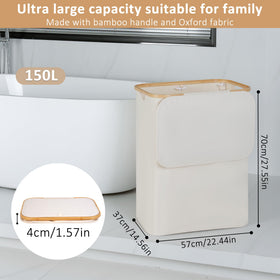 iEGrow bamboo-handle laundry basket being carried, highlighting lightweight transport.