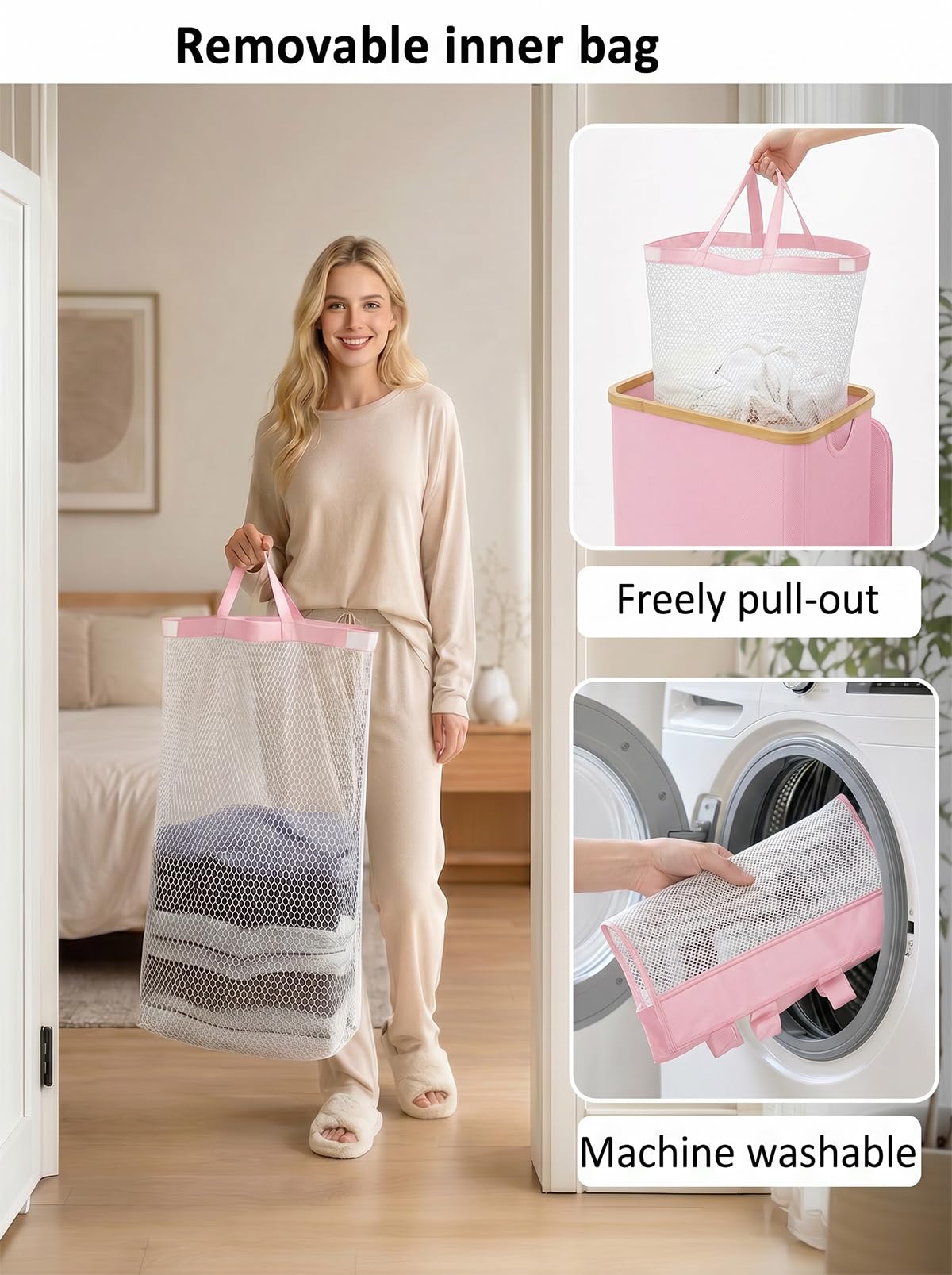 iEGrow bamboo-handle laundry basket offers comfortable transport