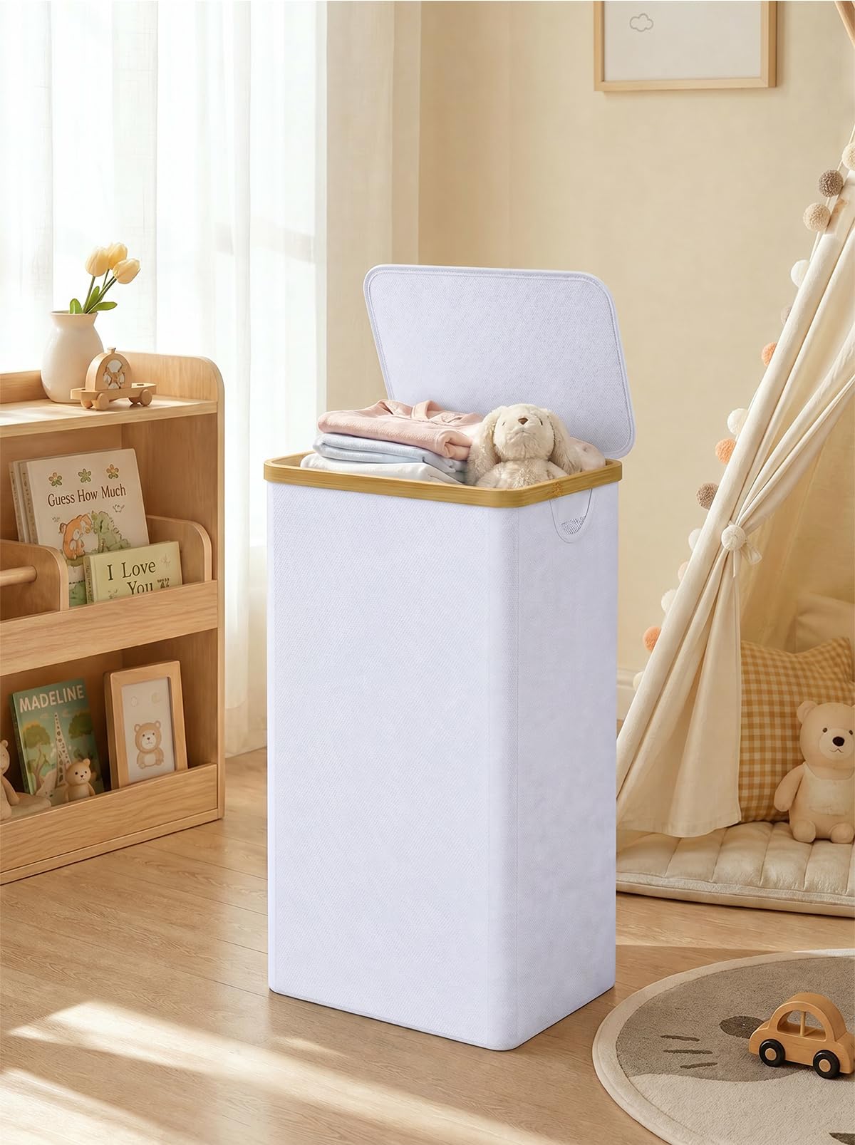 iEGrow laundry basket with bamboo handles offers a comfortable grip for stairs