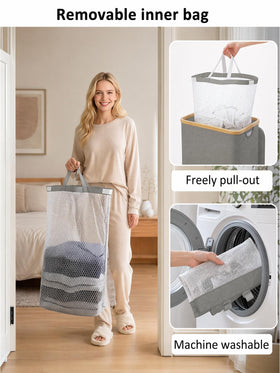 iEGrow laundry hamper bamboo handle provides comfortable grip during carrying.