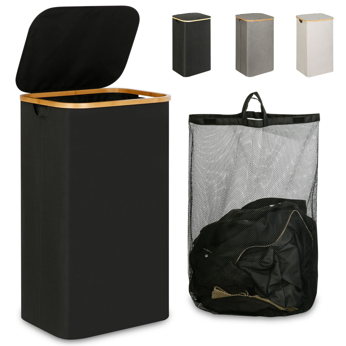 iEGrow laundry hamper with lid highlighting 110L capacity for large family laundry.