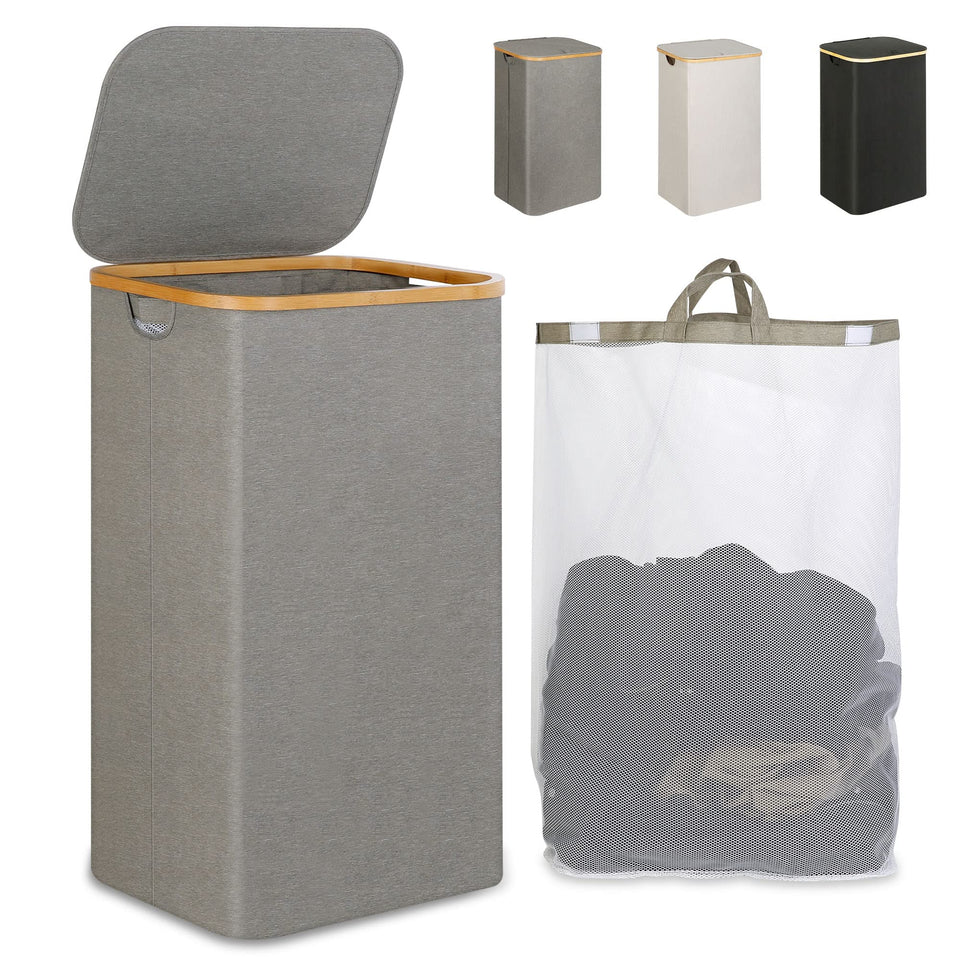 iEGrow laundry hamper with lid for odor control and easy stacking in closets.