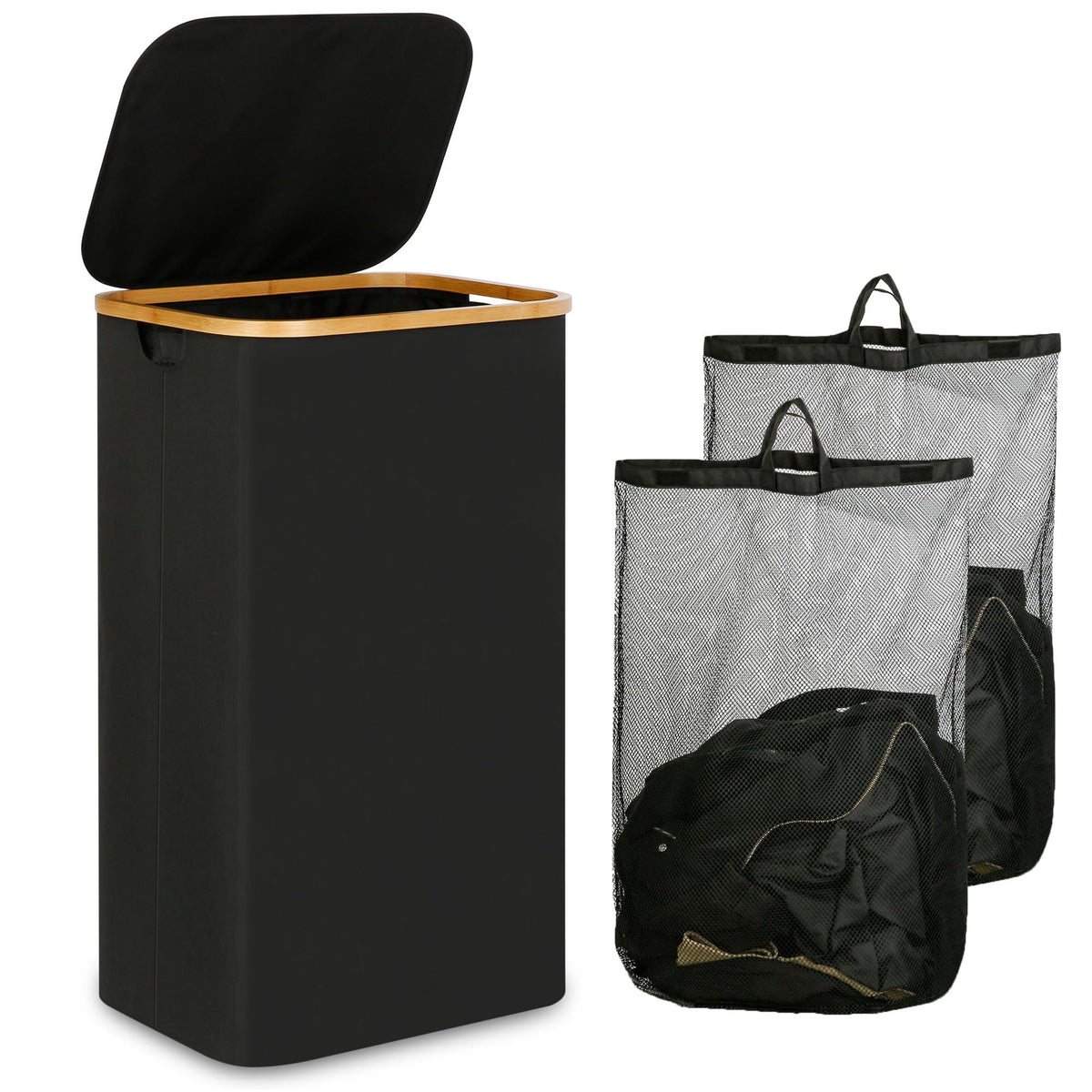 iEGrow laundry hamper with lid showing generous 110L capacity for family laundry