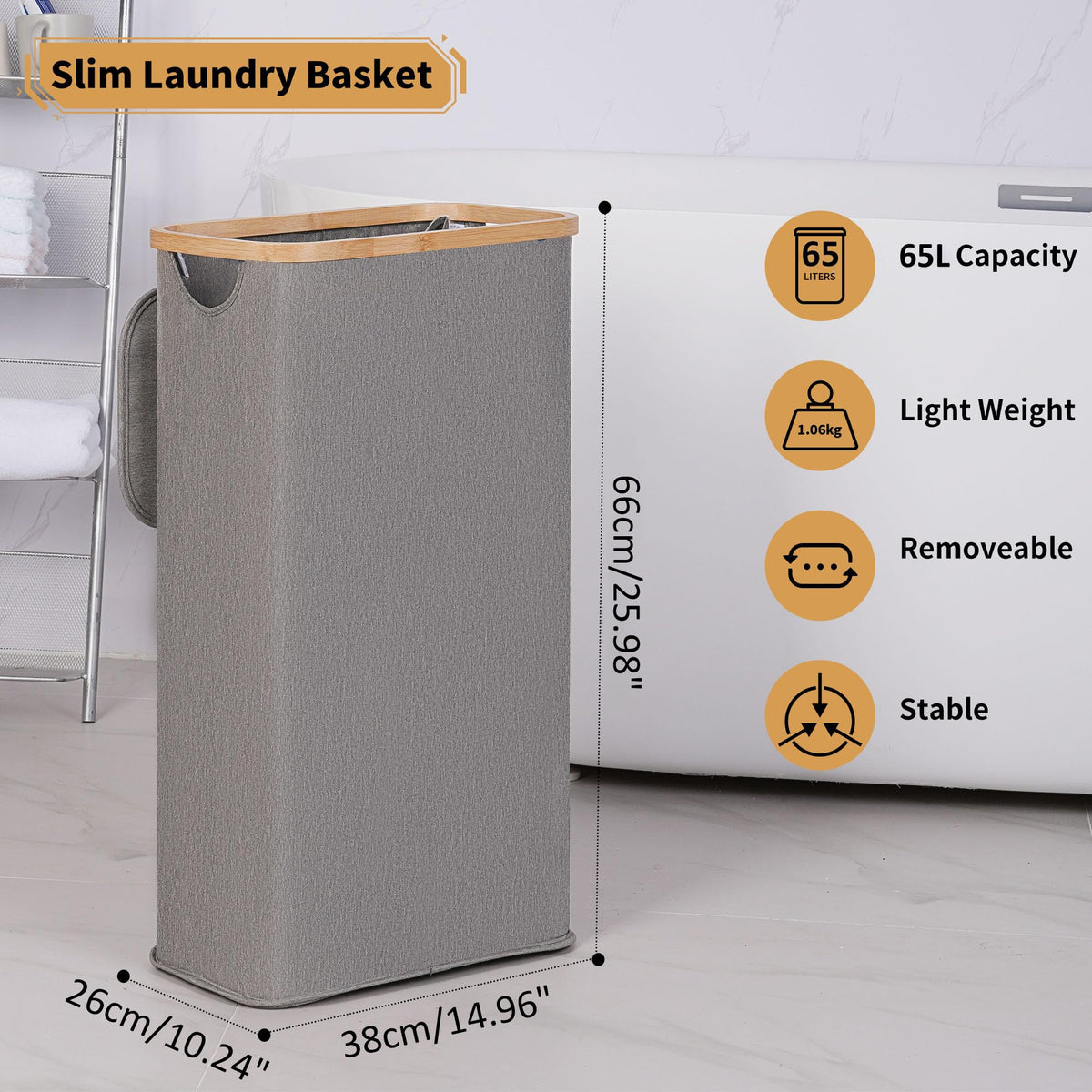 iEGrow slim hamper with bamboo handles supports easy lifting for daily laundry.