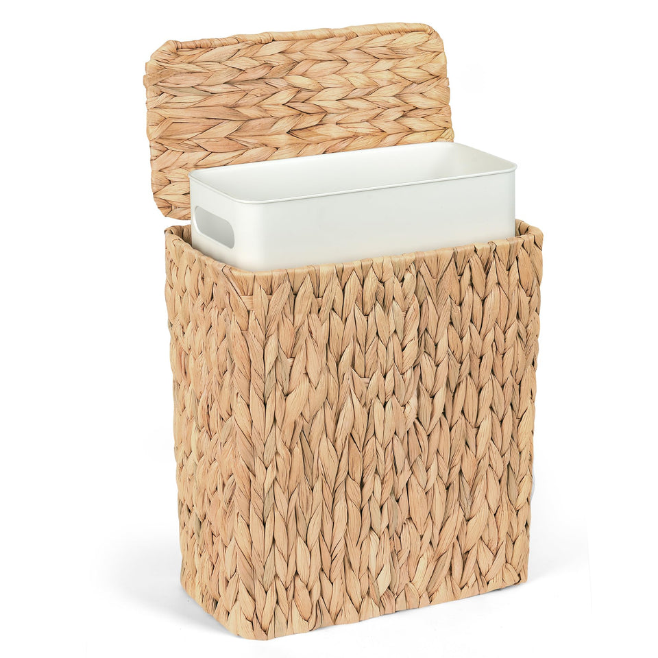 iEGrow wicker trash can with lid keeps bathroom odors discreet and space tidy.