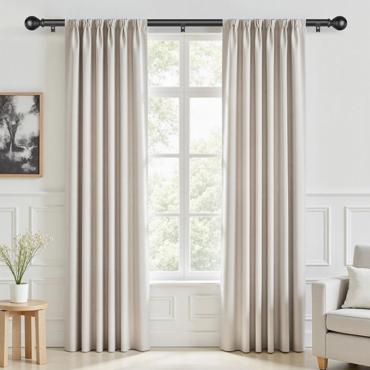 IFELS matte black finials on curtain rod for a modern look.