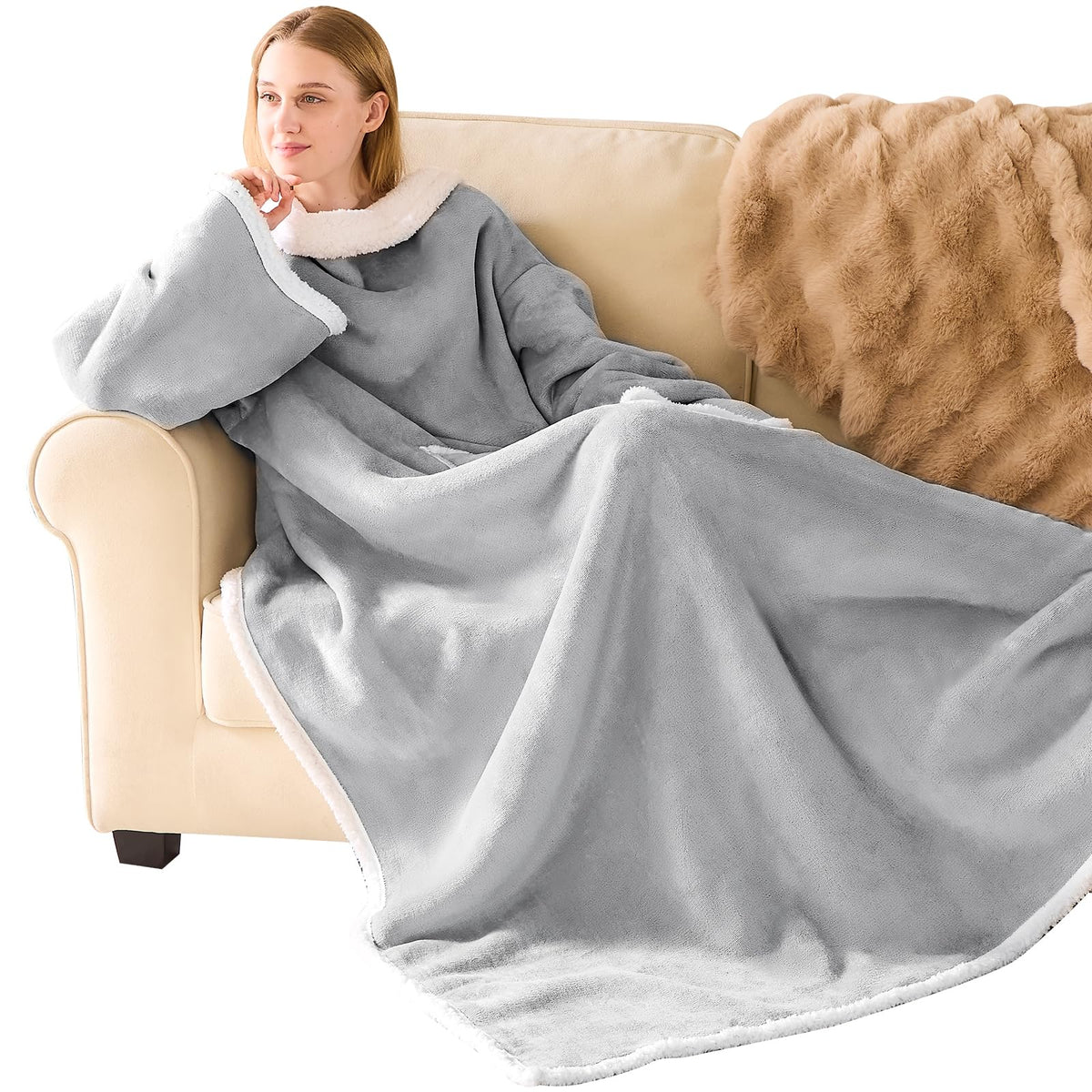 IFNOW Sherpa wearable blanket with sleeves front view, hands-free warmth for TV time