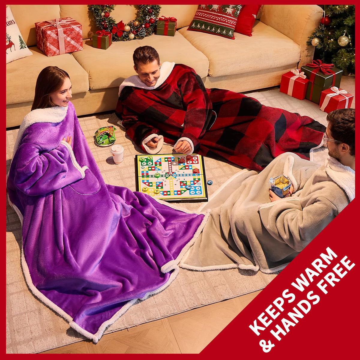 IFNOW Sherpa wearable blanket with sleeves pocket closeup, convenient storage for devices or snacks