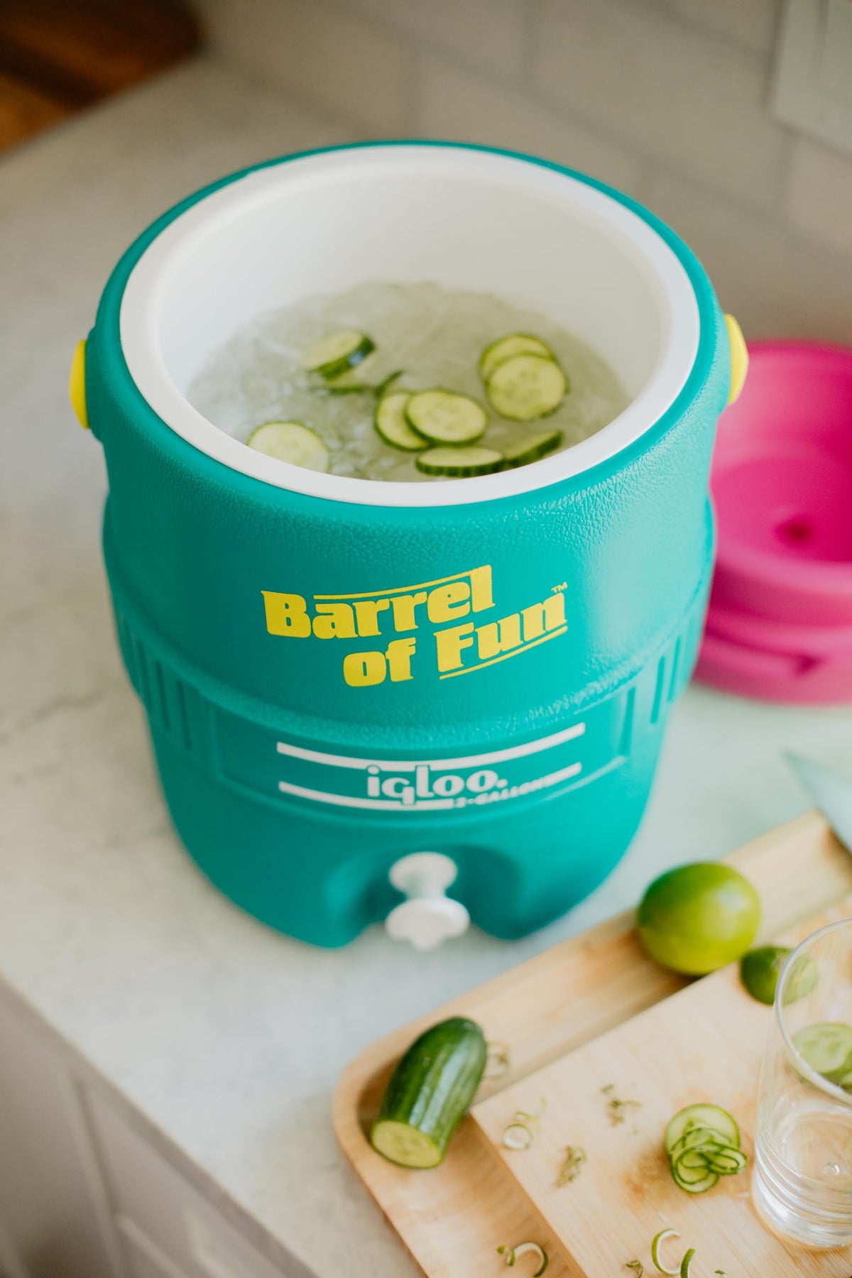 Igloo push-button spigot minimizes drips during service.