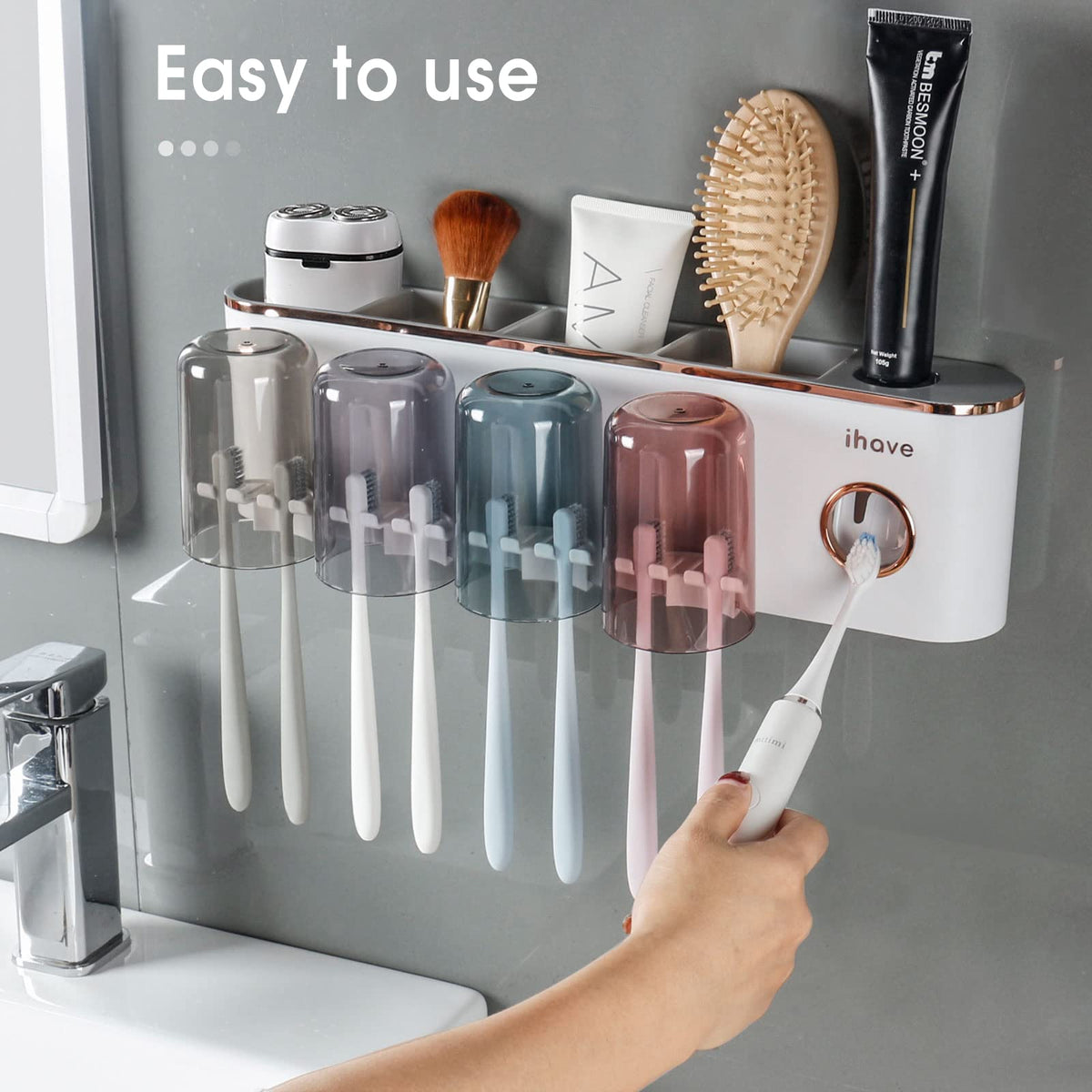ihave four-cup bathroom storage keeps essentials in one neat, reachable station.