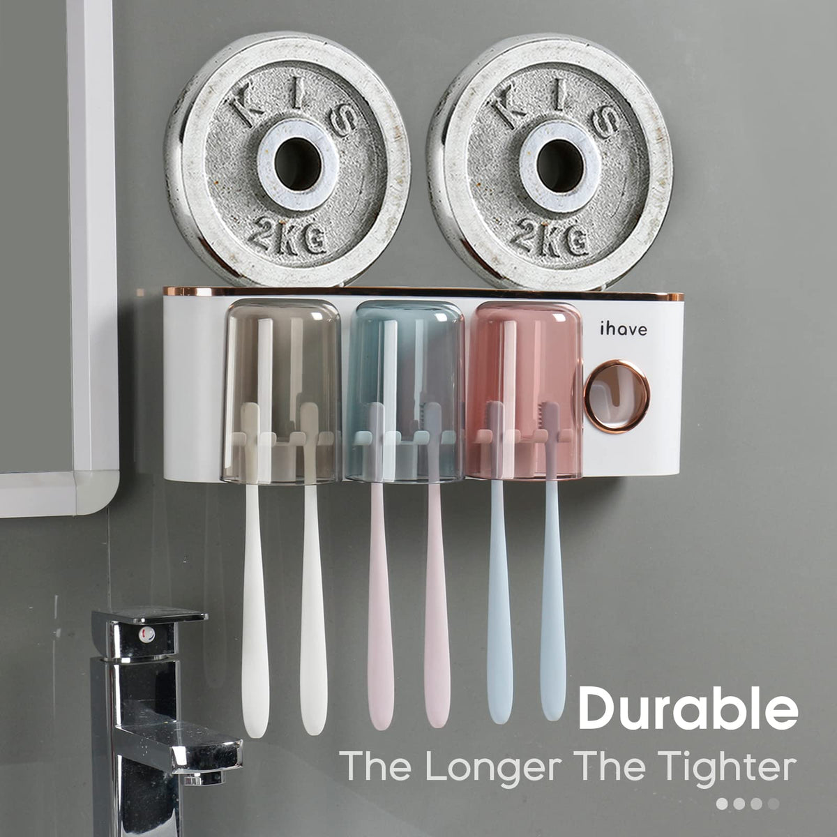 iHave no-drill installation demonstrating adhesive-strip mounting on a bathroom wall.