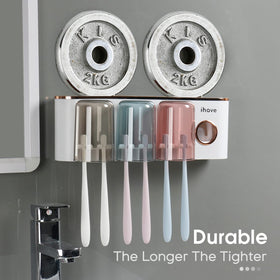 iHave no-drill installation demonstrating adhesive-strip mounting on a bathroom wall.