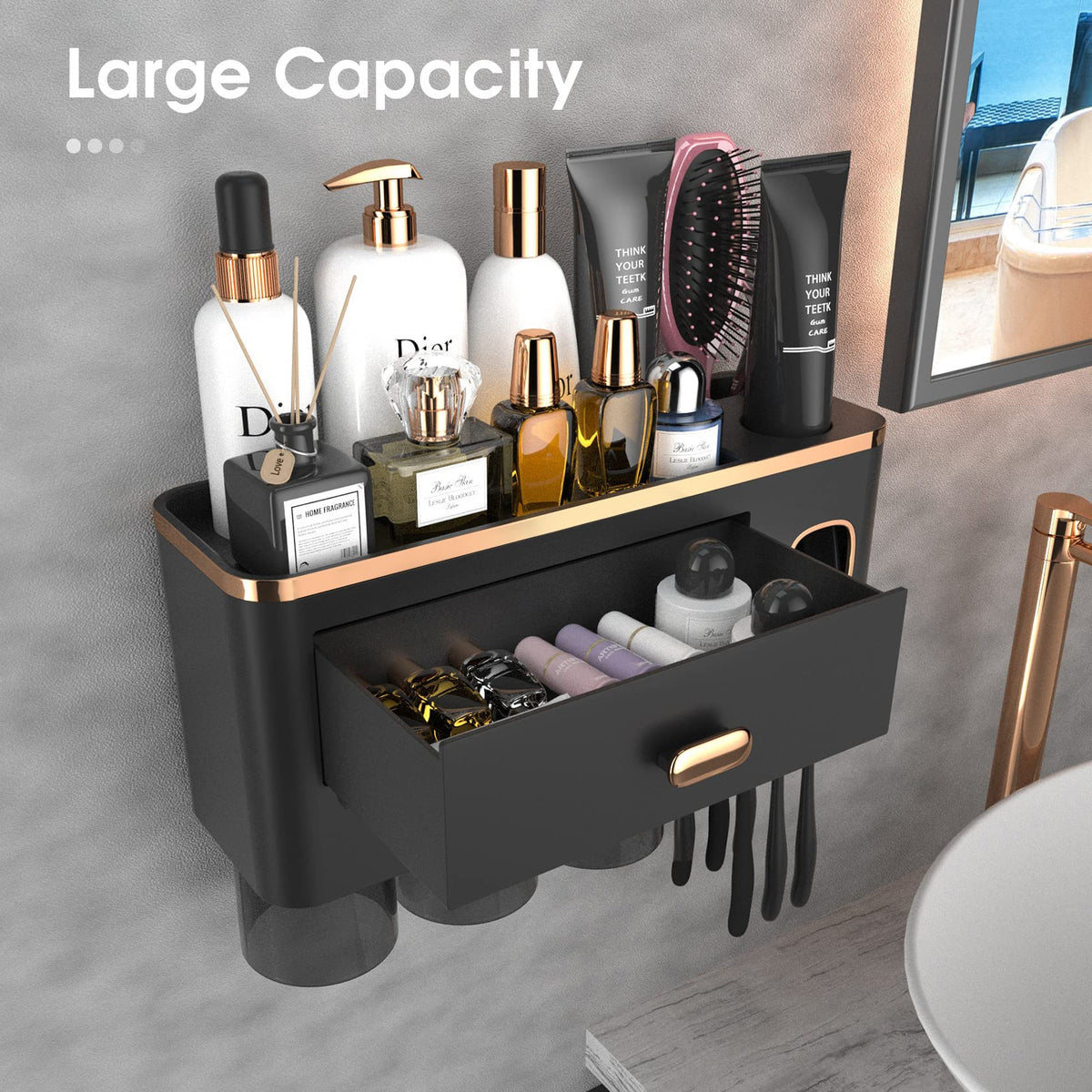 iHave 6-slot organizer keeps brushes, toothpaste, and accessories neatly arranged for shared bathrooms.