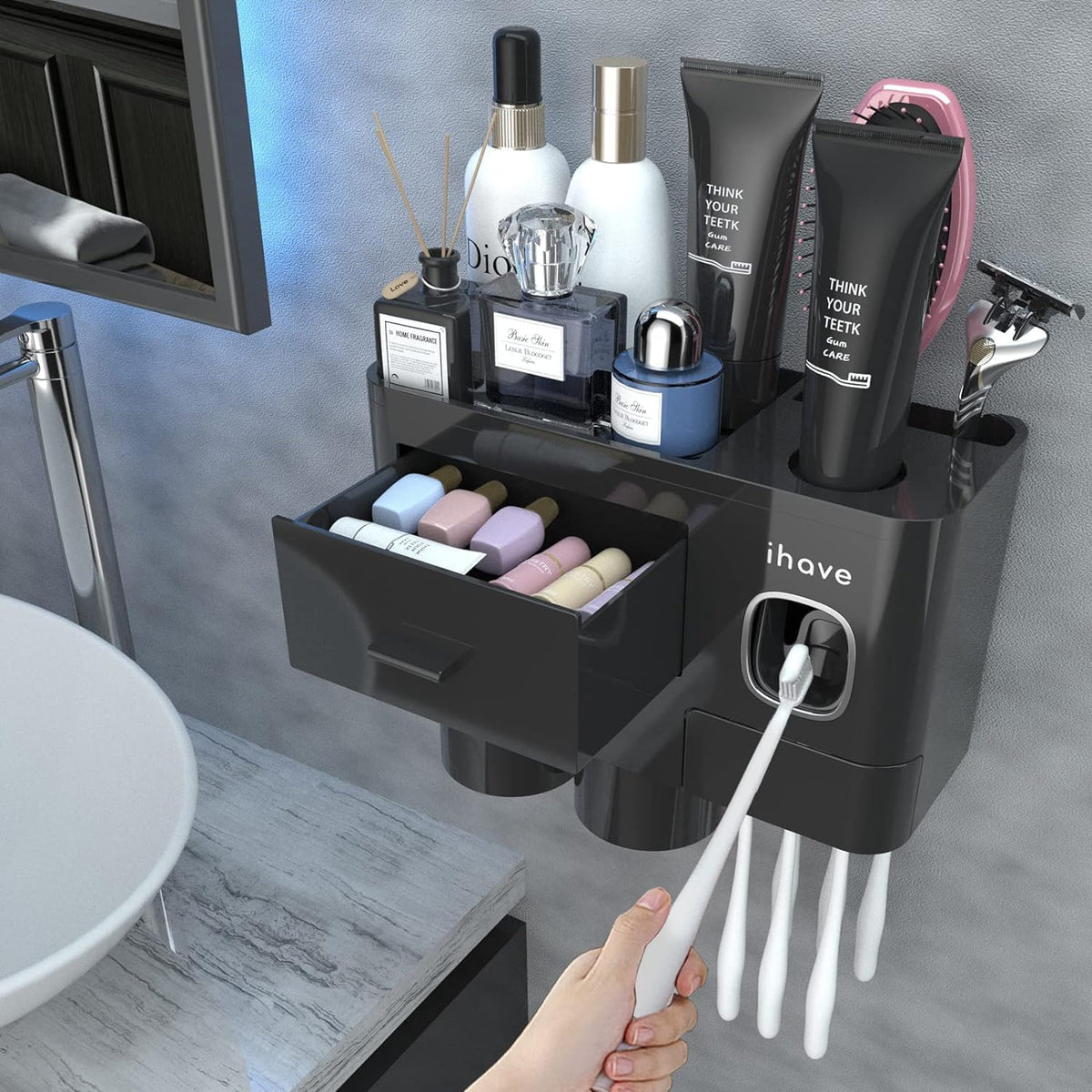 iHave toothbrush holder wall-mounted with toothpaste dispenser keeps the sink tidy and convenient