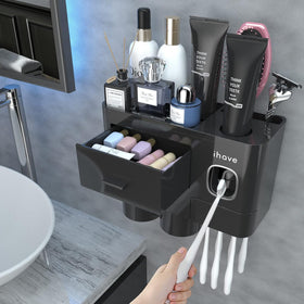 iHave toothbrush holder wall-mounted with toothpaste dispenser keeps the sink tidy and convenient