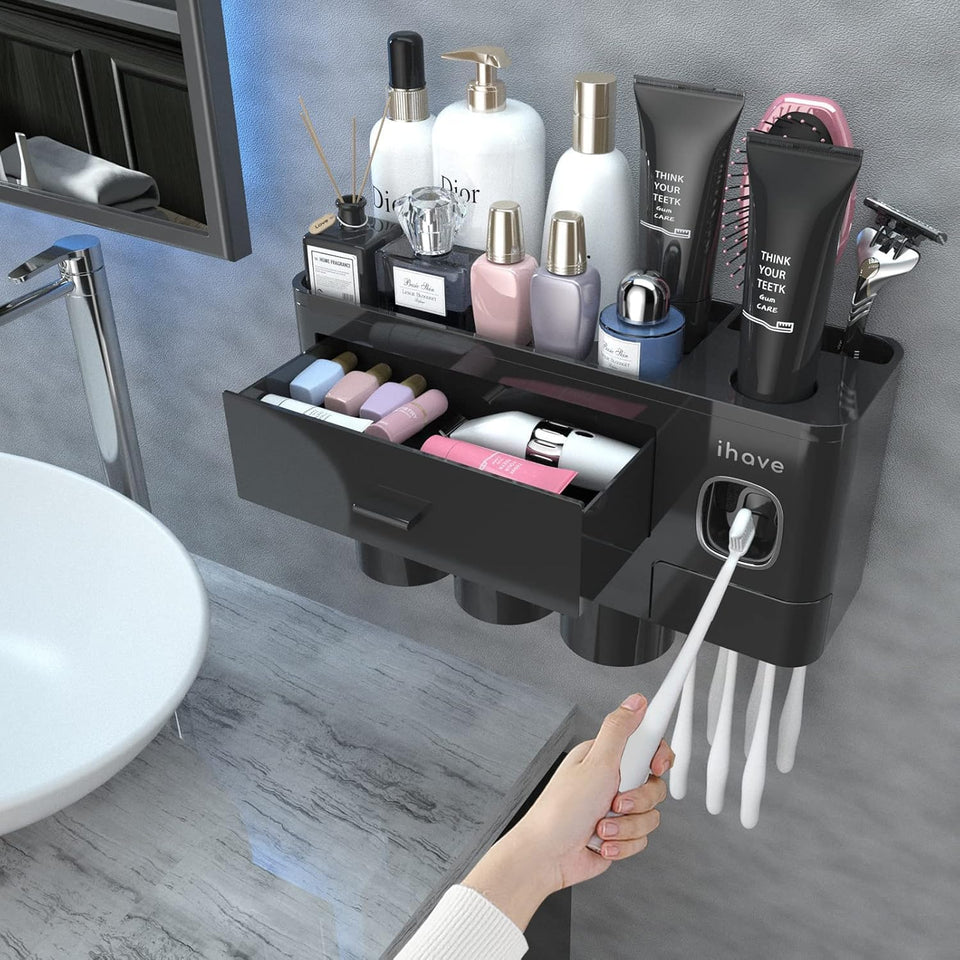 iHave toothbrush holder wall-mounted tray keeps brushes and cosmetics organized