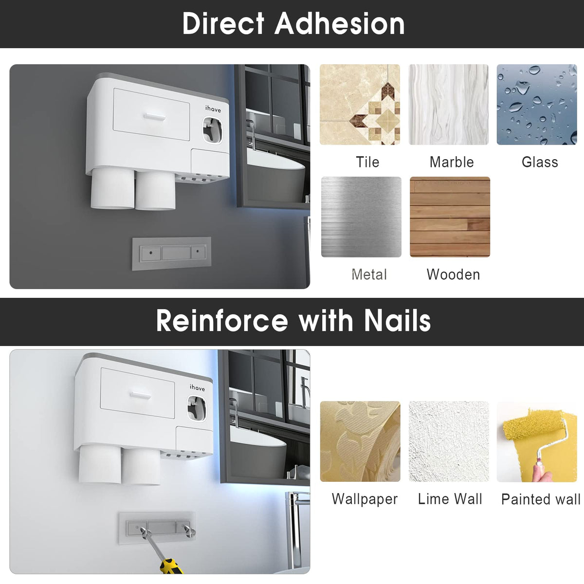 iHave spacious storage for up to six brushes suits family bathrooms.